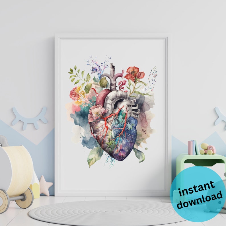 May include: A watercolor painting of a human heart with flowers growing inside and around it. The heart is depicted in a realistic anatomical style, with veins and arteries visible. The flowers are a variety of colors, including red, pink, purple, and yellow. The background is a soft watercolor wash of blue and green.