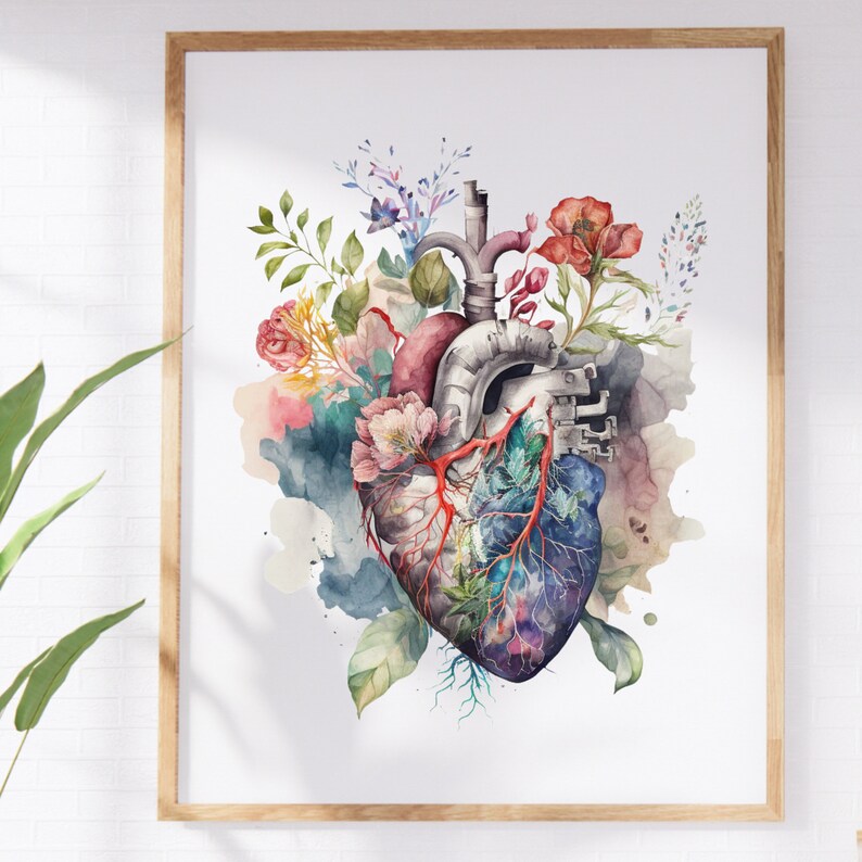 May include: A watercolor painting of a human heart with intricate details, surrounded by colorful flowers and leaves. The heart is depicted with a realistic anatomical structure, including veins and arteries. The flowers are in shades of pink, purple, and red, adding a vibrant touch to the artwork.