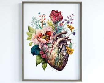 Watercolor Floral Human Heart Anatomy Art Print (Digital Download)