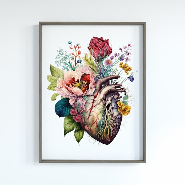 Arte floral de la anatomía del corazón humano de la acuarela, regalo, regalo de la enfermera cardióloga, arte del regalo del consultorio del médico, regalo del cirujano, arte médico, regalo de cardiología