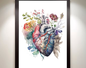 Floral Anatomical Heart Printable – Watercolor Medical Wall Art (Digital Download)