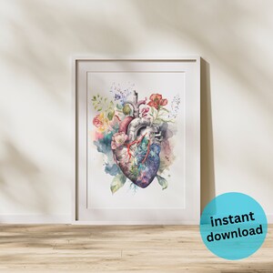May include: A watercolor painting of a human heart with flowers growing from it. The heart is depicted in anatomical detail, with veins and arteries visible. The flowers are a mix of pink, red, and yellow.