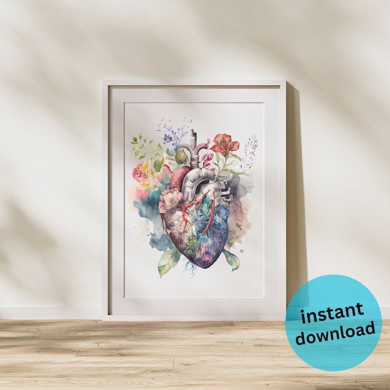 May include: A watercolor painting of a human heart with flowers growing from it. The heart is depicted in anatomical detail, with veins and arteries visible. The flowers are a mix of pink, red, and yellow.