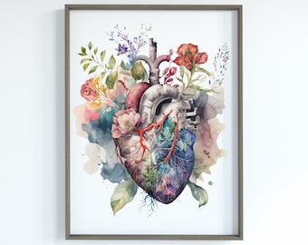 Watercolor Floral Human Heart Anatomy Art Print (digital Download) - Etsy