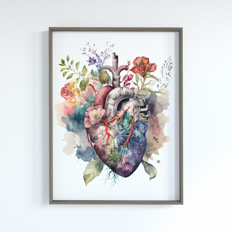 May include: A watercolor painting of a human heart with flowers growing from it. The heart is depicted in anatomical detail, with veins and arteries visible. The flowers are a mix of pink, red, and purple, and they are arranged in a loose, organic pattern. The background is a soft, watercolor wash of blue and green.