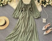 Autumn Cottagecore Dress Milkmaid Daisy Sage Dress Women Vintage Fairy Romantic Y2K Prom Dress Ladies Wedding Fashion Dress