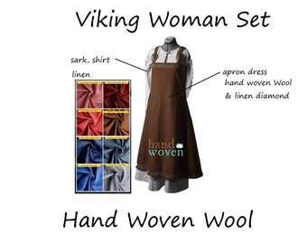 Wool 2 Viking Woman Set: Apron Dress and Sark (shirt) made of hand woven wool and  Sark (shirt) made of linen