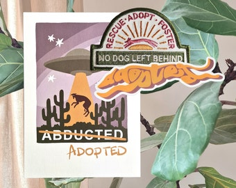 Adopted Doggo Bundle, Retro Themensammlung, UFO Wandkunst, Hunde Poster, transparenter Aufkleber, Hundeliebhaber Geschenk, Rettung Adopt Foster Abzeichen