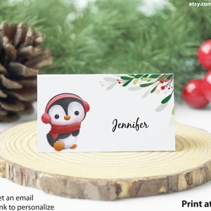 Cartões de lugar do inverno do Natal | Download instantâneo | Fácil edição com CORJL | Modelo de cartão de lugar de pinguim | Cartões de visita para mesa de inverno para impressão