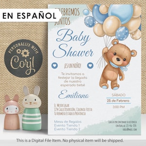 Baby Shower Invitation in Spanish – Boy Teddy Bear with Balloons Theme – Invitación Baby Shower Niño – Printable Editable