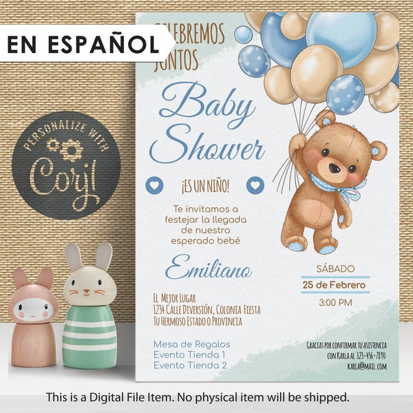 Invitación para Baby Shower niño osito con globos. Editable en línea con CORJL