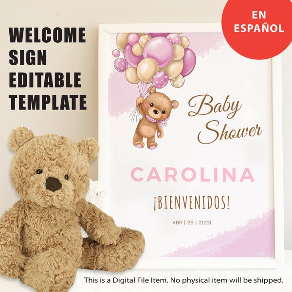 Spanish Baby Shower Welcome Sign Girl Teddy Bear | Editable Girl Baby Shower Sign | Instant Download | Welcome Poster en Español