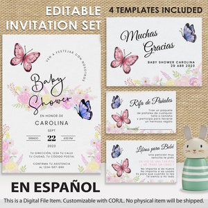 Spanish Butterfly Baby Shower Invitation Set, Butterfly Baby Shower in Español, Printable Butterfly Baby Shower in Spanish| Es niña