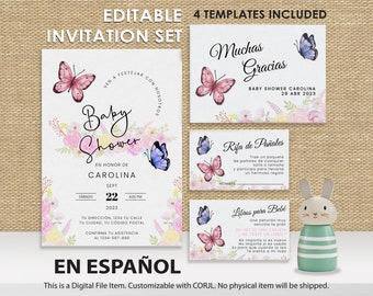 Spanish Butterfly Baby Shower Invitation Set, Butterfly Baby Shower in Español, Printable Butterfly Baby Shower in Spanish| Es niña