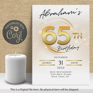 Gold 65th Birthday Invitation: Editable Adult Party Invite (Digital Download)