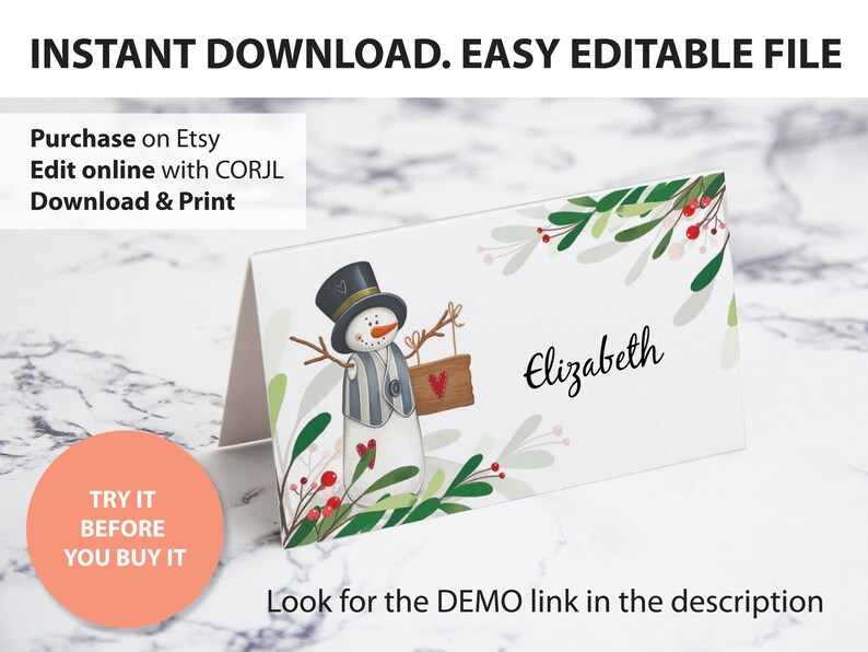 Christmas Winter Place Cards instant Download easy Editable With CORJL ...