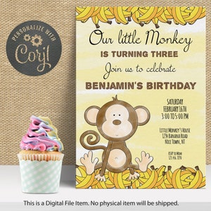 Little Monkey Safari Birthday Invitation | INSTANT DOWNLOAD | Watercolor Monkey Zoo Invitation Jungle Birthday Invite | Editable Template