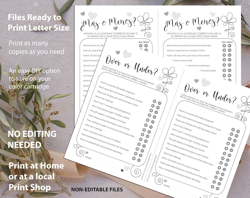 May include: A printable baby shower game in black and white with the title "Over or Under?"  Guess whether you think the numbers in the statements below are over or under the correct answer.  The game includes 12 statements about the pregnancy and baby.