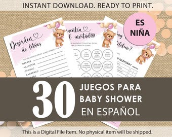 Spanish Teddy Bear Baby Shower Games for Girl (Printable Bundle)