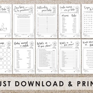 May include: A set of printable baby shower game cards. The cards are black and white and feature various games such as baby bingo, baby animal match, what's on your phone, what's in your purse, and would you rather. The cards have a floral design.