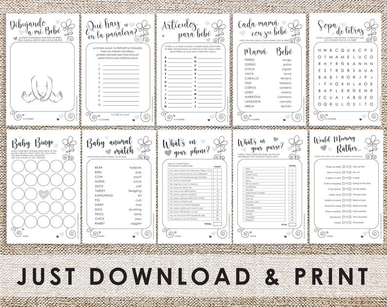 May include: A set of printable baby shower game cards. The cards are black and white and feature various games such as baby bingo, baby animal match, what's on your phone, what's in your purse, and would you rather. The cards have a floral design.