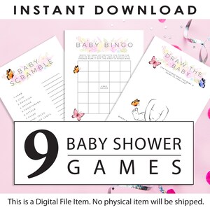 Baby Shower Games Butterfly, 9 Different Printable Activities, Baby Shower Butterfly Baby Games, Instant Download