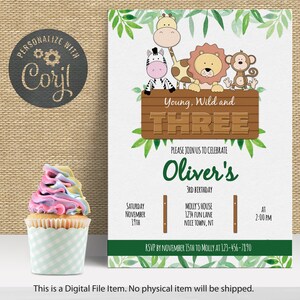 Wild and Three Birthday Invitation Jungle Party |Instant Download | Safari Birthday | 3rd Birthday |  Edit with CORJL | Digital Invitation