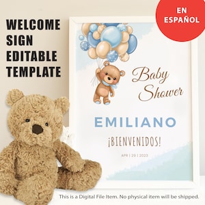 Spanish Baby Shower Welcome Sign Boy Teddy Bear | Editable Boy Baby Shower Sign | Instant Download | Welcome Poster en Español
