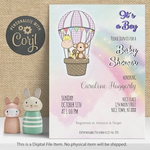 Baby shower invitation Hot air balloon. Editable Printable Baby Shower invite. Gender Neutral Baby Shower. Digital Download.