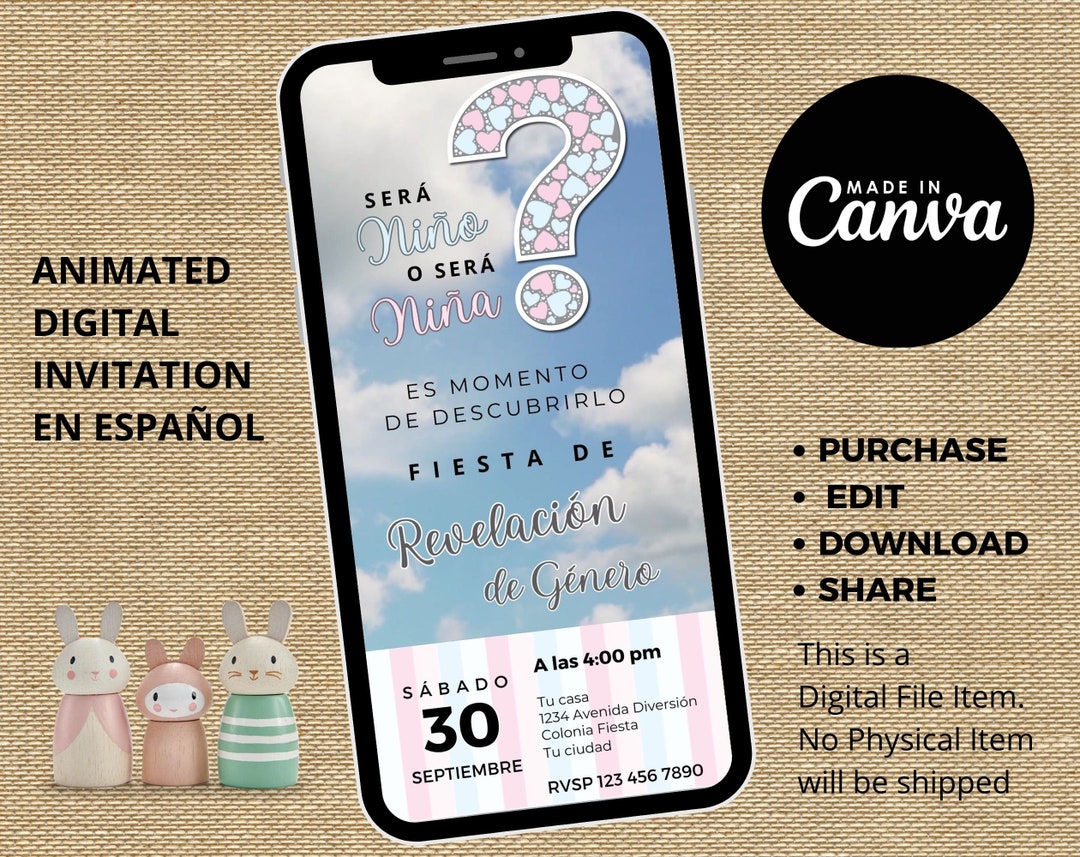 Animated Gender Reveal Invitation in Spanish Digital Gender Etsy