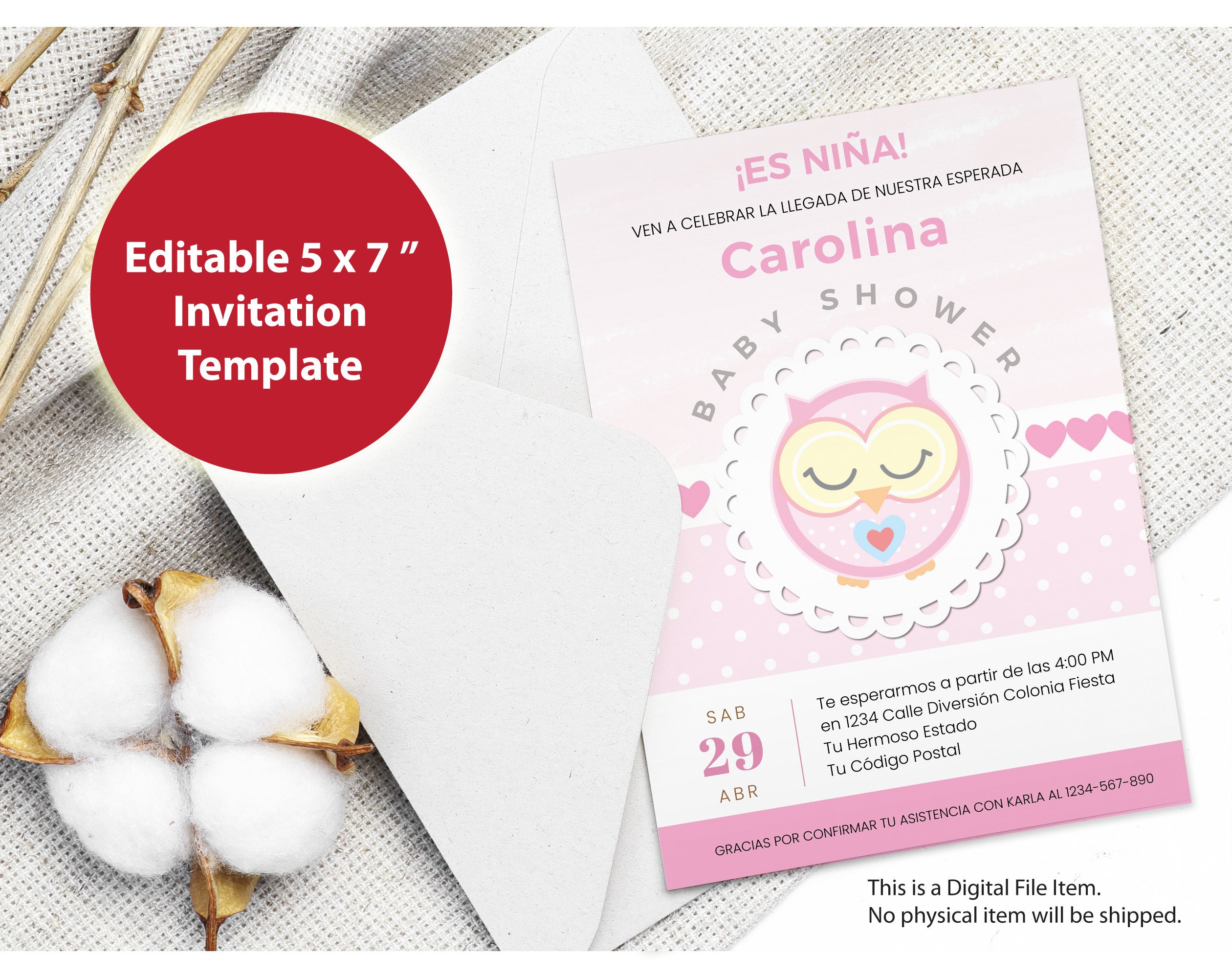 Spanish Baby Shower Invitation Baby Owl Girl Shower Spanish Baby Shower Invite Printable Pink