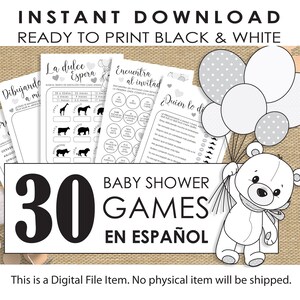 Jogos de Baby Shower em espanhol | Jogos de chá de bebê com tema de ursinho de pelúcia espanhol | Download instantâneo | Impressão em preto e branco Gênero neutro