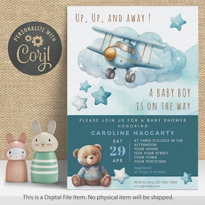 Bear Baby Shower Invite Boy | Up Up and Away Themed Baby Shower Invitation | Instant Download | Plane Pilot Baby Shower | Editable Template