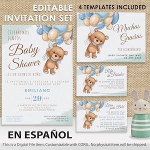 Spanish Baby Shower Invitation Set, Boy Teddy Bear Theme Baby Shower Invite in Español,Printable Bear with Balloons Baby Shower. Es niño.