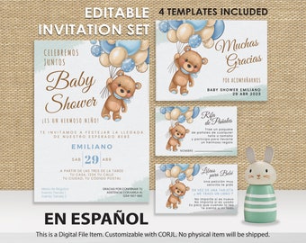 Spanish Baby Shower Invitation Set, Boy Teddy Bear Theme Baby Shower Invite in Español,Printable Bear with Balloons Baby Shower. Es niño.