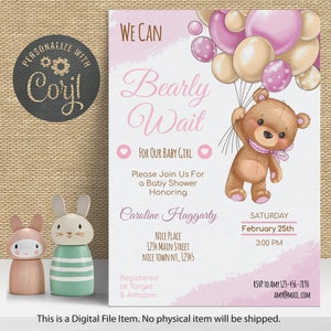 Teddy Bear Baby Shower Invitation Girl: Hot Air Balloon Theme (INSTANT DOWNLOAD)