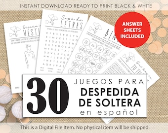 Juegos para Despedida de Soltera listos para imprimir en blanco y negro. Descarga Digital Inmediata. Todos los textos están en Español