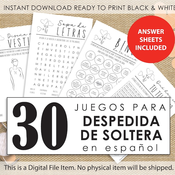 Juegos para Despedida de Soltera listos para imprimir en blanco y negro. Descarga Digital Inmediata. Todos los textos están en Español