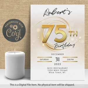 Gold 75th Birthday Invitation Digital Download | Editable Digital Gold Invite for Adult Birthday | Instant Download | Edit with CORJL