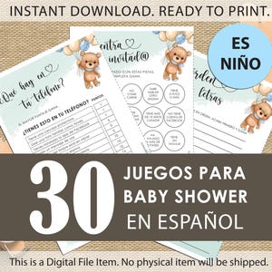 Jogos de Baby Shower em espanhol BOY | Jogos de Baby Shower em espanhol com tema de Teddy Bear | Download instantâneo