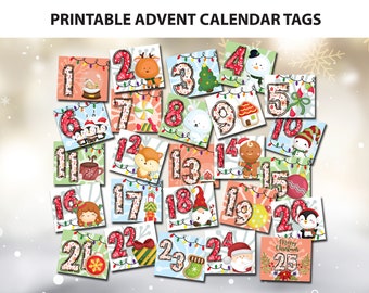 May include: Printable Christmas advent calendar tags with numbers 1 through 25. Each tag features a festive illustration and a white background with a red, white, and green border.