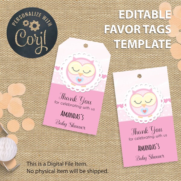 Baby Shower Favor Tags Pink Baby Owl. Printable Baby Shower Thank You Tags. Editable Pink Girl Baby Shower Party Favors.