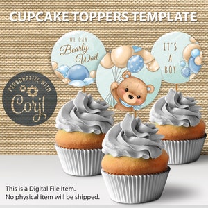 Cupcake Toppers We Can Bearly Wait Baby Shower Decorations Boy | Teddy Bear with Balloons | Printable Cupcake Toppers | Digital Download