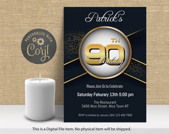 90th Birthday Invitation Template | Gold & Navy (Instant Download)