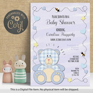 Baby Shower Invitation Sweet Blue Teddy Bear . Editable Boy Baby Shower Invite. Instant Download.