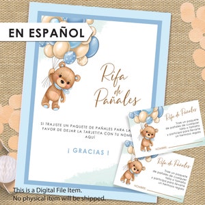 Cartel de rifa de pañales en español e invitación a la rifa de pañales Insertar/Teddy Bear Baby Shower Boy in Español/Osito imprimible con globos / Es niño