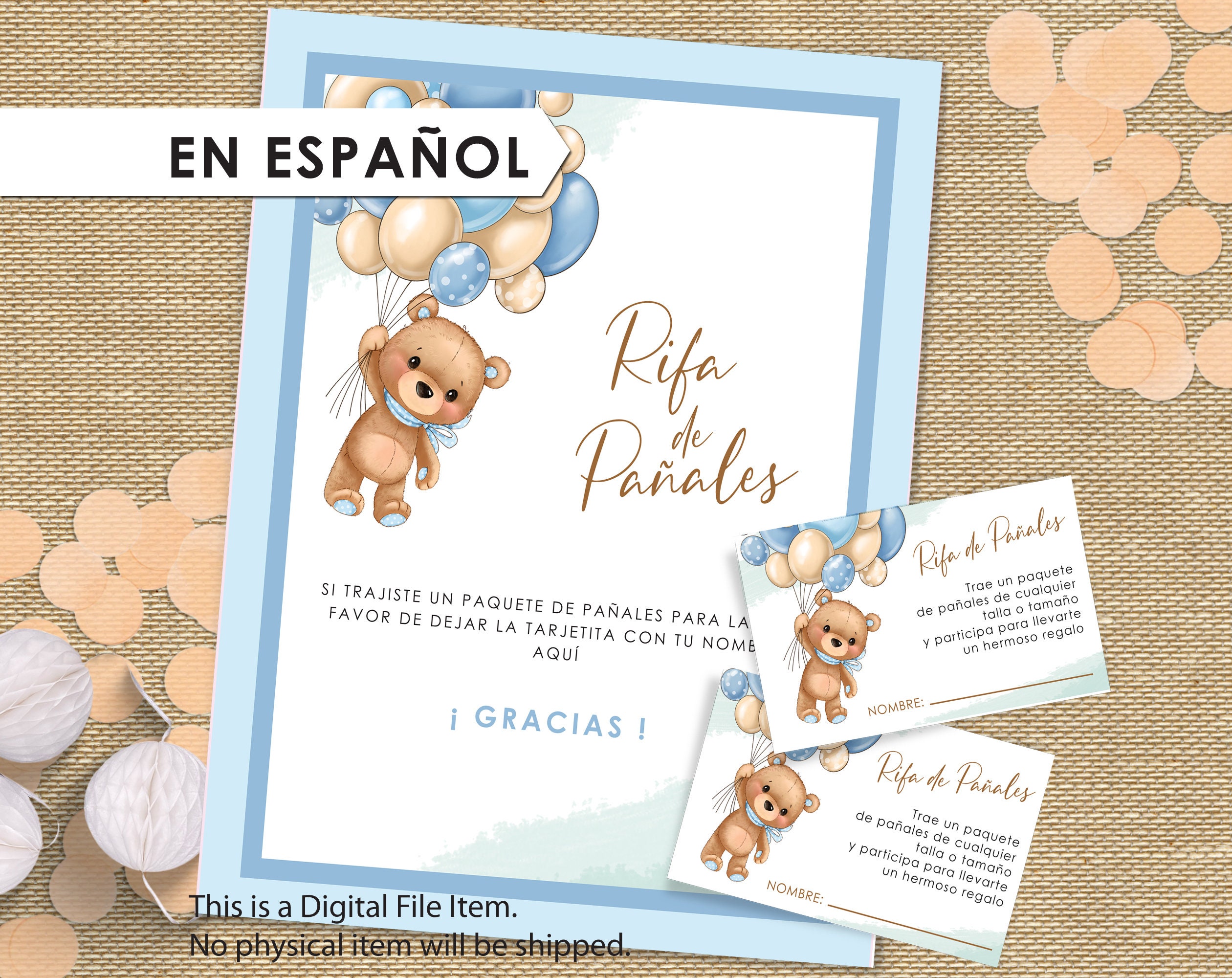 Rifa de pañales, tarjetas y letrero. Printable Diaper Raffle game.  Spanish.PDF Instant download. Boy, girl, gender reveal baby shower. Gold.