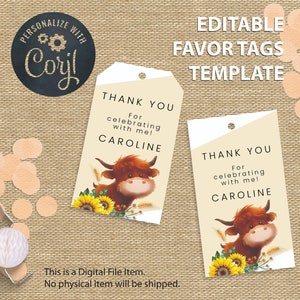Holy Cow Baby Shower Favor Tag | Hihgland Cow Editable Favors | INSTANT DOWNLOAD | Thank you Tag | Gift Tag