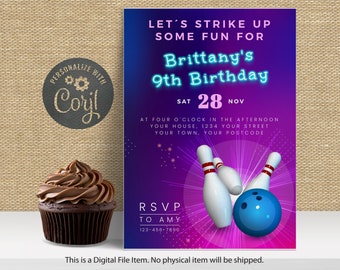 May include: A digital birthday invitation with a bowling theme. The invitation features a blue and purple gradient background with bowling pins and a ball. Text includes the name "Brittany", the age "9th", and event details.