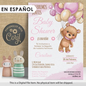 Invitación para Baby Shower niño osito con globos. Editable en línea con CORJL